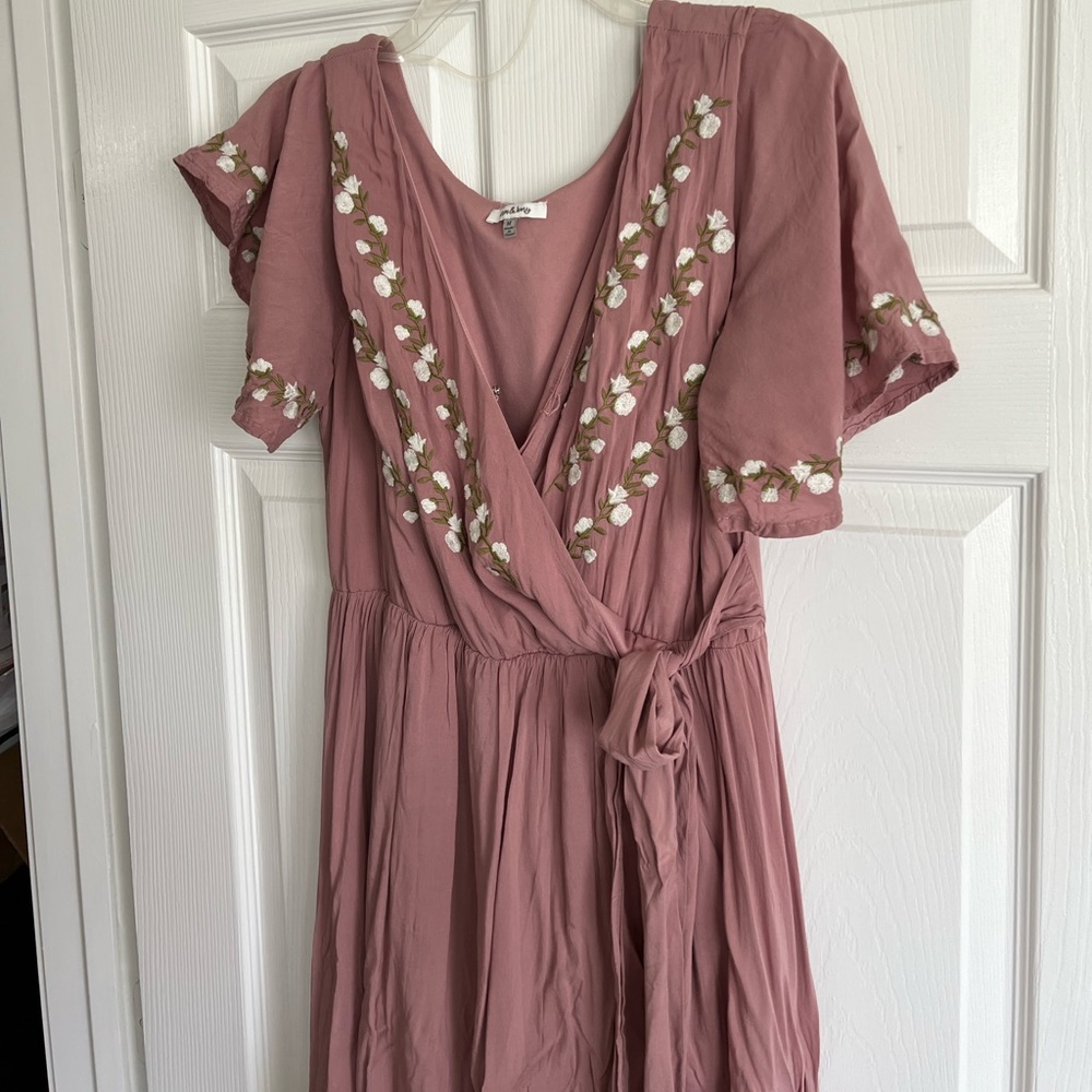 Wren & Ivory Pink Embroidered Wrap Dress